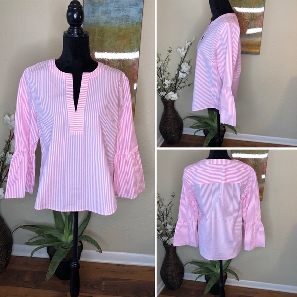 J. Crew Poplin Pink White Striped Bell-sleeve Top - Picture 1 of 8